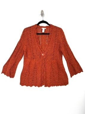 Boho Goblincore Open Knit Babydoll Cardigan Scalloped Peplum Earthy Rust Coastal